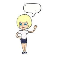 cartoon woman waving with speech bubble N350