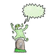 cartoon ghost rising from grave with speech bubble N28