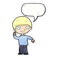cartoon boy giving peace sign with speech bubble N10