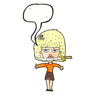 cartoon woman with knife between teeth speech bubble N41