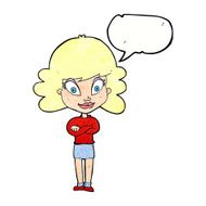 cartoon happy woman with folded arms speech bubble N22