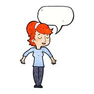 cartoon friendly woman shrugging shoulders with speech bubble N11