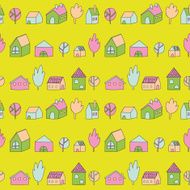 Cute cartoon pattern with tiny houses and trees