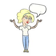cartoon woman raising hands in air with speech bubble N22