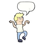 cartoon happy man doing funny dance with speech bubble N20