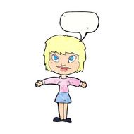 cartoon woman with open amrs speech bubble N11