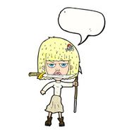 cartoon woman with knife and harpoon speech bubble N11