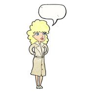cartoon woman in trench coat with speech bubble N32