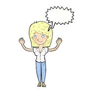 cartoon woman holding up hands with speech bubble N21