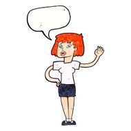 cartoon woman waving with speech bubble N360