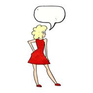 cartoon woman posing in dress with speech bubble N42