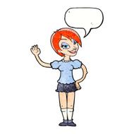 cartoon waving woman with speech bubble N163
