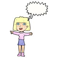 cartoon happy woman pointing with speech bubble N73