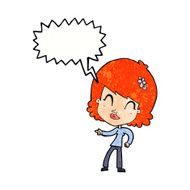 cartoon happy woman pointing with speech bubble N74
