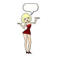 cartoon woman in cocktail dress with speech bubble N21