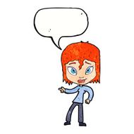 cartoon relaxed woman pointing with speech bubble N11