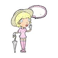 cartoon woman in summer hat waving with speech bubble N11