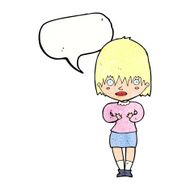 cartoon woman making Who Me? gesture with speech bubble N48