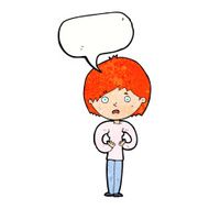 cartoon woman making Who Me? gesture with speech bubble N49
