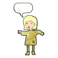 cartoon woman in patched clothing with speech bubble N11