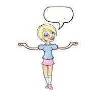 cartoon woman making open arm gesture with speech bubble N11