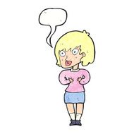 cartoon woman making Who Me? gesture with speech bubble N50