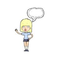 cartoon woman waving with speech bubble N367