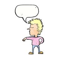 cartoon man making camp gesture with speech bubble N32