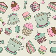 vector hand drawn cakes sweets macaroons tea cup seamless background