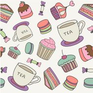 vector hand drawn cakes sweets macaroons tea cup seamless background N2