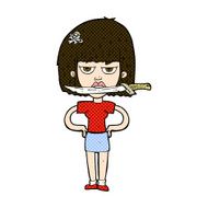 comic cartoon woman with knife between teeth N9