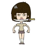 comic cartoon woman with knife between teeth N10