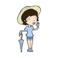 comic cartoon woman in summer hat waving N3