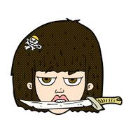 comic cartoon woman holding knife between teeth N3