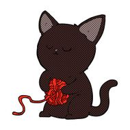 comic cartoon cute black cat playing with ball of yarn N2