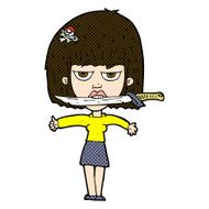comic cartoon woman with knife between teeth N11