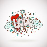 Doodle word LOVE with snowflakes light bulbs clouds and heart