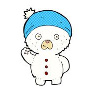comic cartoon waving polar teddy bear in winter hat
