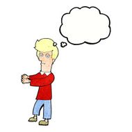 cartoon bored man showing the way with thought bubble N11