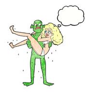 cartoon woman with thought bubble and swamp monster N2