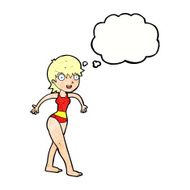 cartoon happy woman in swimming costume with thought bubble N11
