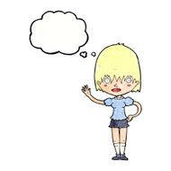 cartoon waving woman with thought bubble N144