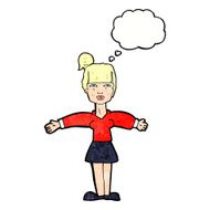 cartoon woman shrugging shoulders with thought bubble N492