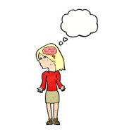 cartoon clever woman shrugging shoulders with thought bubble N11