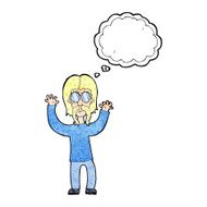cartoon hippie man waving arms with thought bubble N10