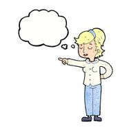 cartoon friendly woman pointing with thought bubble N11