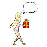 cartoon fashion girl with present thought bubble N10