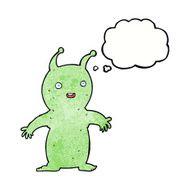 cartoon happy little alien with thought bubble N10