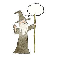 cartoon old wizard with thought bubble N11