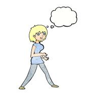 cartoon woman walking with thought bubble N10